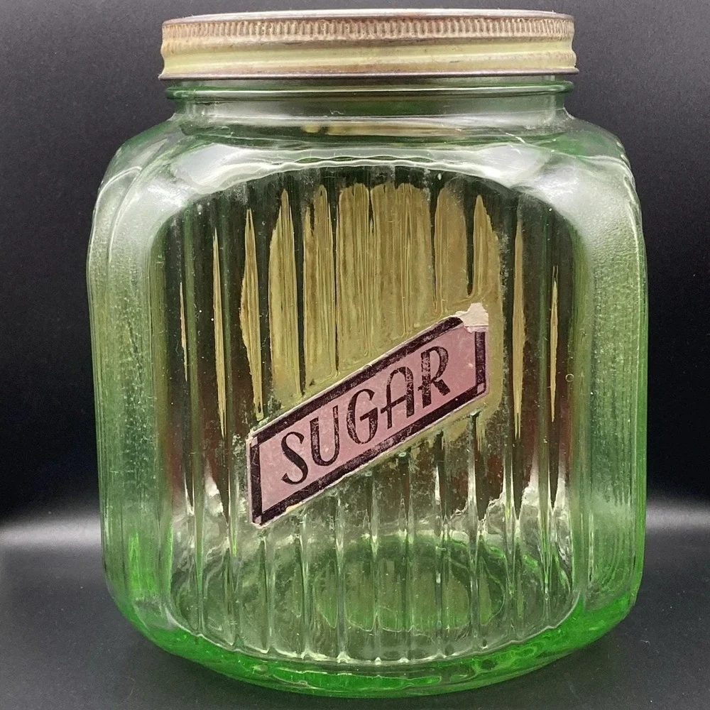 Vtg Anchor Hocking Jar Hoosier Ribbed Green Uranium Co-Op Coffee Sugar Label #2